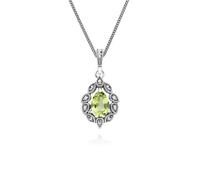 Gemondo Art Deco Style Pear Peridot & Marcasite Pendant Necklace in Sterling Silver