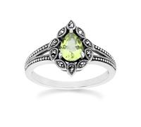 Gemondo Art Deco Style Pear Peridot & Marcasite Ring in Sterling Silver - M