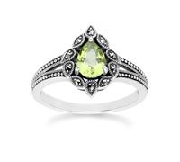 Gemondo Art Deco Style Pear Peridot & Marcasite Ring in Sterling Silver - N