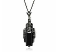 Art Deco Style Rectangle Black Onyx Cabochon & Marcasite Necklace in 925 Sterling Silver Gemondo Silver 18 inches