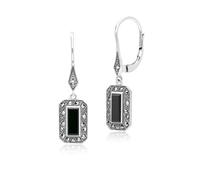 Gemondo Art Deco Style Rectangle Onyx and Marcasite Drop Earrings in Sterling Silver
