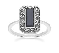 Gemondo Art Deco Style Rectangle Onyx and Marcasite Ring in Sterling Silver - N