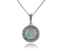 Gemondo Art Deco Style Round Green Jade Cabochon & Marcasite Pendant in 925 Sterling Silver - Sterling Silver Art Deco Green Jade & Marcasite 45cm Necklace