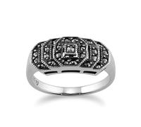 Gemondo Art Deco Style Round Marcasite Stepped Ring in 925 Sterling Silver - S