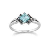 Gemondo Art Deco Style Square Blue Topaz & Marcasite Ring in 925 Sterling Silver - W