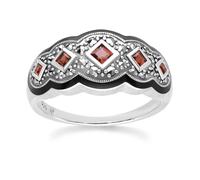 Gemondo Art Deco Style Square Garnet Five Stone and Marcasite Ring in Sterling Silver - Q