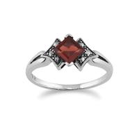 Gemondo Art Deco Style Square Garnet & Marcasite Ring in 925 Sterling Silver - L