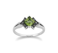 Gemondo Art Deco Style Square Peridot & Marcasite Ring in 925 Sterling Silver - P