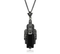 Gemondo Art Nouveau Style 925 Sterling Silver Black Onyx Cabochon & Marcasite Necklace
