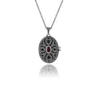 Gemondo Art Nouveau Style 925 Sterling Silver Mozambique Garnet & Marcasite Oval Locket Necklace