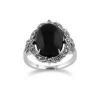 Gemondo Women's Art Nouveau Style Oval Black Onyx Cabochon & Marcasite Statement Ring in 925 Sterling Silver | Size: Large Gemondo Silver L