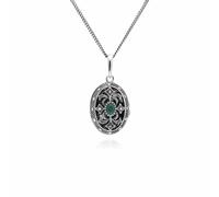 Gemondo Art Nouveau Style Oval Emerald & Marcasite Locket Necklace in 925 Sterling Silver