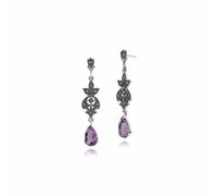 Gemondo Art Nouveau Style Pear Amethyst & Round Marcasite Drop Earrings in 925 Sterling Silver - Sterling Silver 2.25ct Amethyst & Marcasite Art Nouveau Drop Earrings