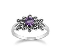 Gemondo Art Nouveau Style Round Amethyst & Marcasite Floral Ring in 925 Sterling Silver - O