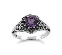 Gemondo Art Nouveau Style Round Amethyst & Marcasite Floral Ring in Sterling Silver - L