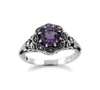 Gemondo Art Nouveau Style Round Amethyst & Marcasite Floral Ring in Sterling Silver - O
