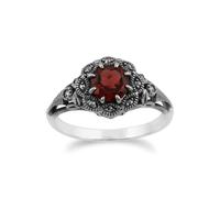 Gemondo Art Nouveau Style Round Garnet & Marcasite Floral Ring in Sterling Silver - K