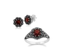 Gemondo Art Nouveau Style Round Garnet & Marcasite Floral Stud Earrings & Ring Set in 925 Sterling Silver - M