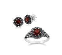 Gemondo Art Nouveau Style Round Garnet & Marcasite Floral Stud Earrings & Ring Set in 925 Sterling Silver - Q
