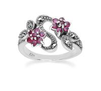 Gemondo Art Nouveau Style Round Ruby & Marcasite Flower Ring in Sterling Silver - O