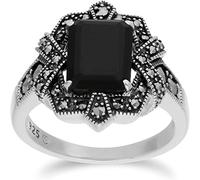 Gemondo Black Onyx Ring, Sterling Silver Black Onyx & Marcasite Octagon Art Deco Ring
