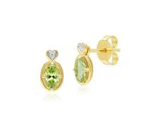 Classic Oval Peridot & Diamond Heart Stud Earrings In 9ct Yellow Gold