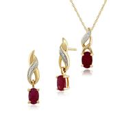 Gemondo Classic Oval Ruby & Diamond Twist Drop Earrings & Pendant Set in 9ct Yellow Gold