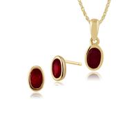 Gemondo Classic Oval Ruby Single Stone Bezel Stud Earrings & Pendant Set in 9ct Yellow Gold