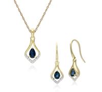 Gemondo Classic Oval Sapphire & Diamond Leaf Drop Earrings & Pendant Set in 9ct Yellow Gold