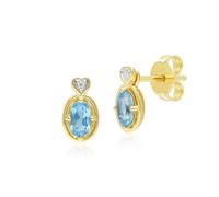 Classic Oval Topaz & Diamond Heart Stud Earrings In 9ct Yellow Gold