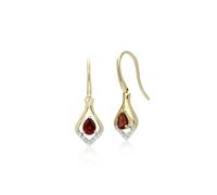 Gemondo Classic Pear Garnet & Diamond Leaf Halo Drop Earrings in 9ct Yellow Gold