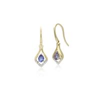 Gemondo Classic Pear Tanzanite & Diamond Leaf Halo Drop Earrings in 9ct Yellow Gold - 9ct Yellow Gold Round Tanzanite & Diamond Leaf Drop Earrings