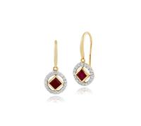 Gemondo Classic Square Ruby & Diamond Halo Drop Earrings in 9ct Yellow Gold