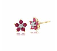 Gemondo Women's 9ct Yellow Gold Floral Round Ruby & Diamond Cluster Stud Earrings in Red Gemondo Red One Size