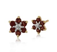Gemondo Floral Oval Garnet & Diamond Cluster Stud Earrings in 9ct Yellow Gold