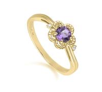 Gemondo Floral Round Amethyst & Diamond Ring in 9ct Yellow Gold - O