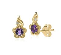 Gemondo Floral Round Amethyst & Diamond Stud Earrings in 9ct Yellow Gold