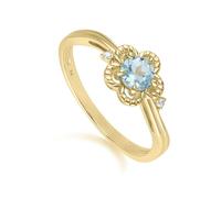 Gemondo Floral Round Blue Topaz & Diamond Ring in 9ct Yellow Gold - L