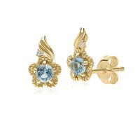 Gemondo Floral Round Blue Topaz & Diamond Stud Earrings in 9ct Yellow Gold