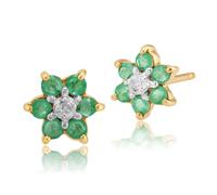 Gemondo Floral Round Emerald & Diamond Cluster Stud Earrings in 9ct Yellow Gold