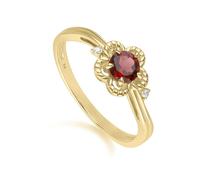Gemondo Floral Round Garnet & Diamond Ring in 9ct Yellow Gold - L