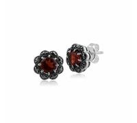 Gemondo Floral Round Garnet & Marcasite Cluster Stud Earrings in 925 Sterling Silver