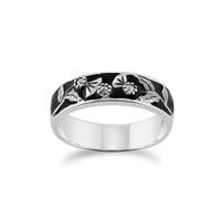 Gemondo Floral Round Marcasite & Black Enamel Thisstle Band Ring in 925 Sterling Silver - Q