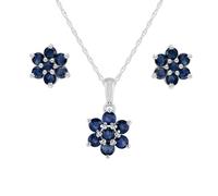 Gemondo Floral Round Sapphire Flower Cluster Stud Earrings & Pendant Set in 925 Sterling Silver