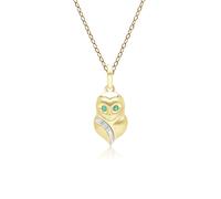 Gemondo Gardenia Emerald and White Sapphire Owl Pendant Necklace in 9ct Yellow Gold