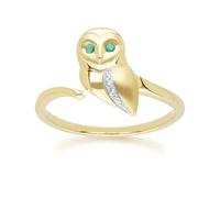 Gemondo Gardenia Emerald and White Sapphire Owl Ring in 9ct Yellow Gold - N