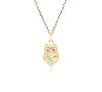 Gardenia Ruby and White Sapphire Owl Pendant Necklace in 9ct Yellow Gold