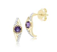 Geometric Hexagon with Prong set Round Amethyst and Diamond Half Hoop Earrings in 9ct Yellow Gold