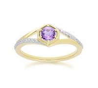 Gemondo Geometric Hexagon with Prong set Round Amethyst and Diamond Ring in 9ct Yellow Gold - L