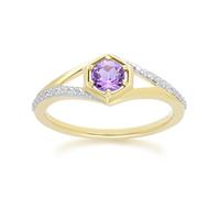 Gemondo Geometric Hexagon with Prong set Round Amethyst and Diamond Ring in 9ct Yellow Gold - O